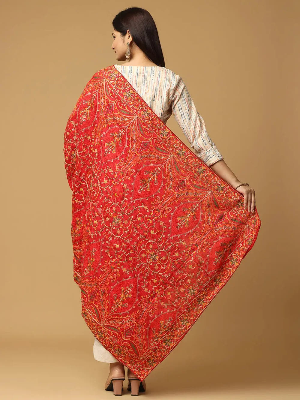 Bright Red Orange Dense Floral Pashmina Dupatta