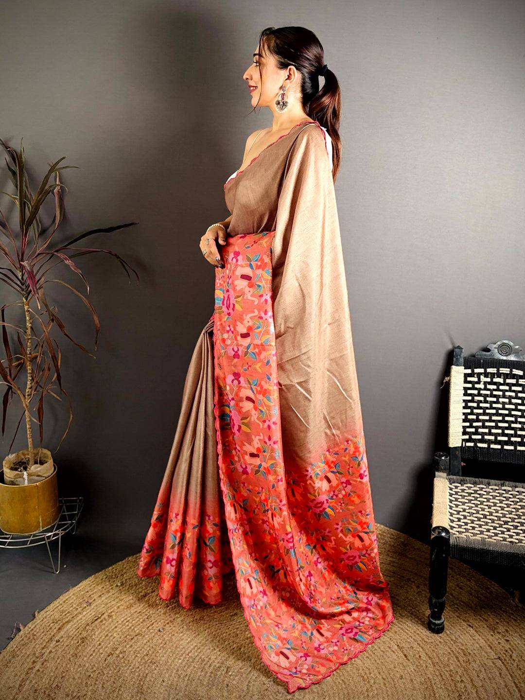 Brown Bird Print Tussar Festive Saree