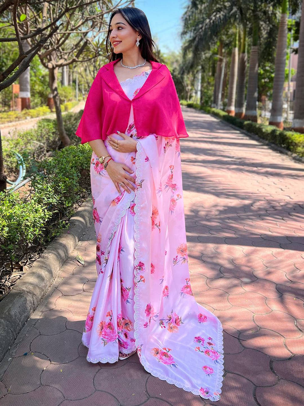 Pink Satin Georgette Floral Print Saree
