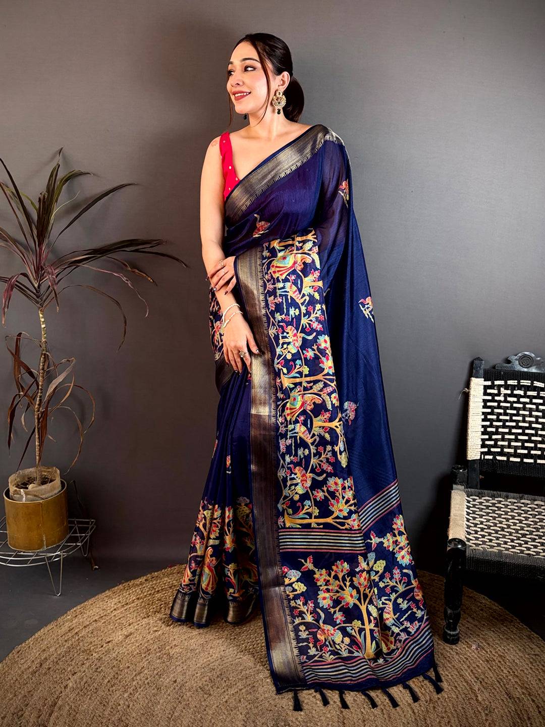 Dark Navy Shade Printed Dola Silk Saree