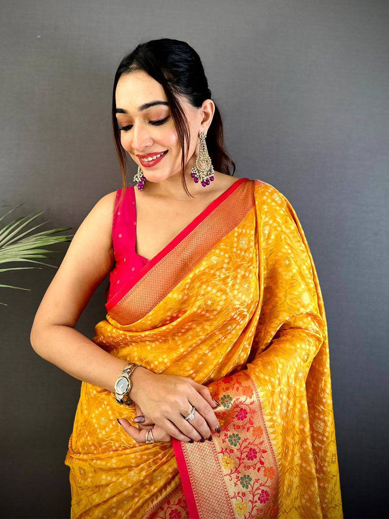 Yellow Banarasi Minakari Katan Silk Saree