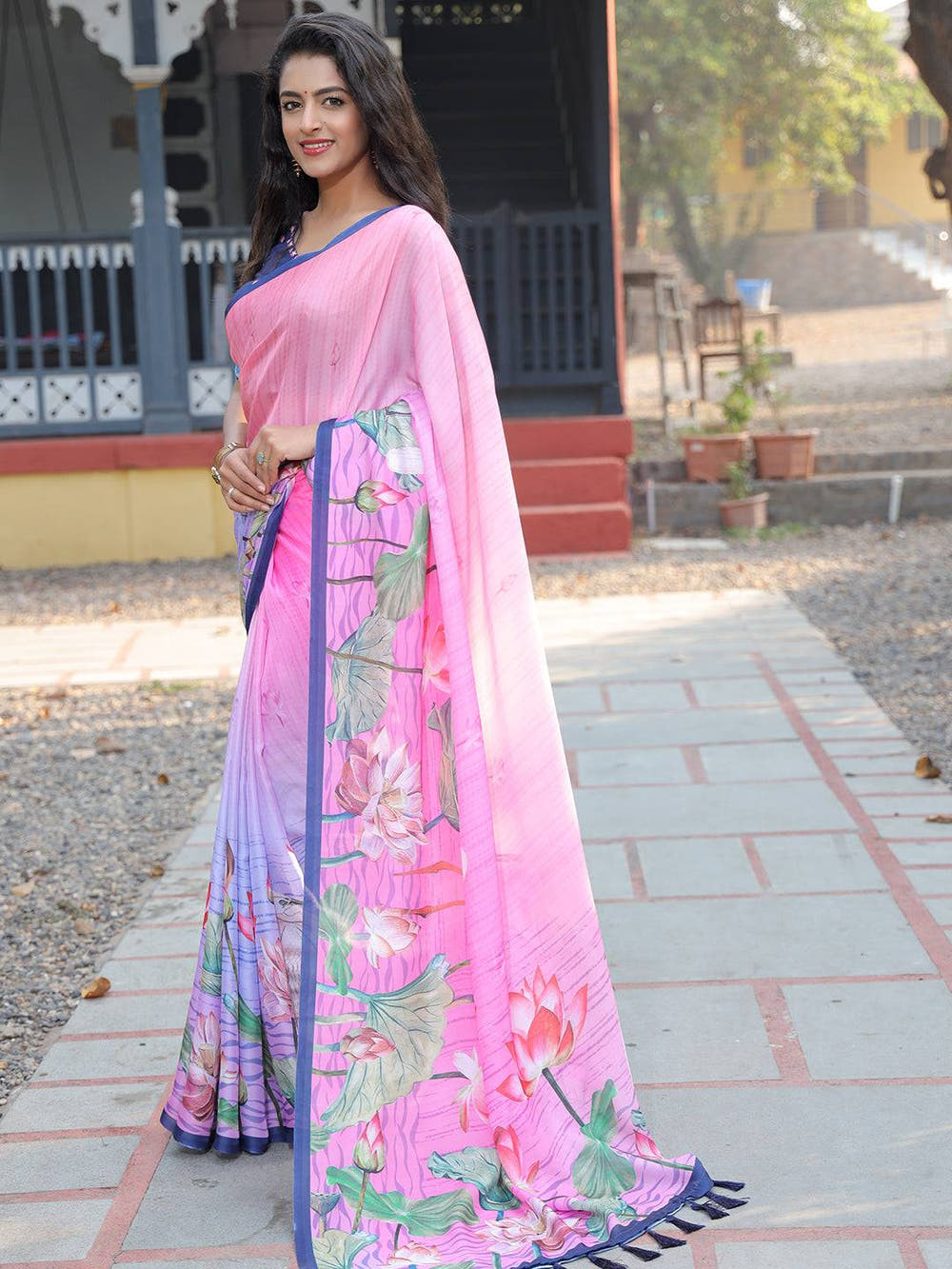 Satin Georgette Dark Pink Colour Hand Print Saree - Luxe