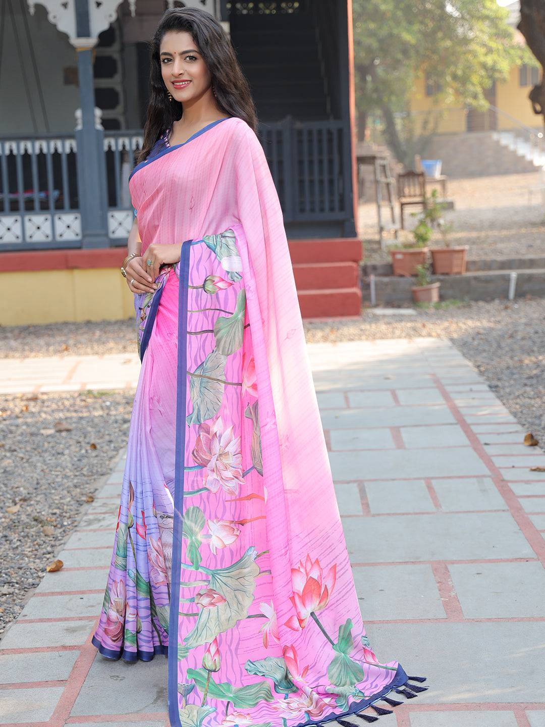 Satin Georgette Dark Pink Colour Hand Print Saree - Luxe