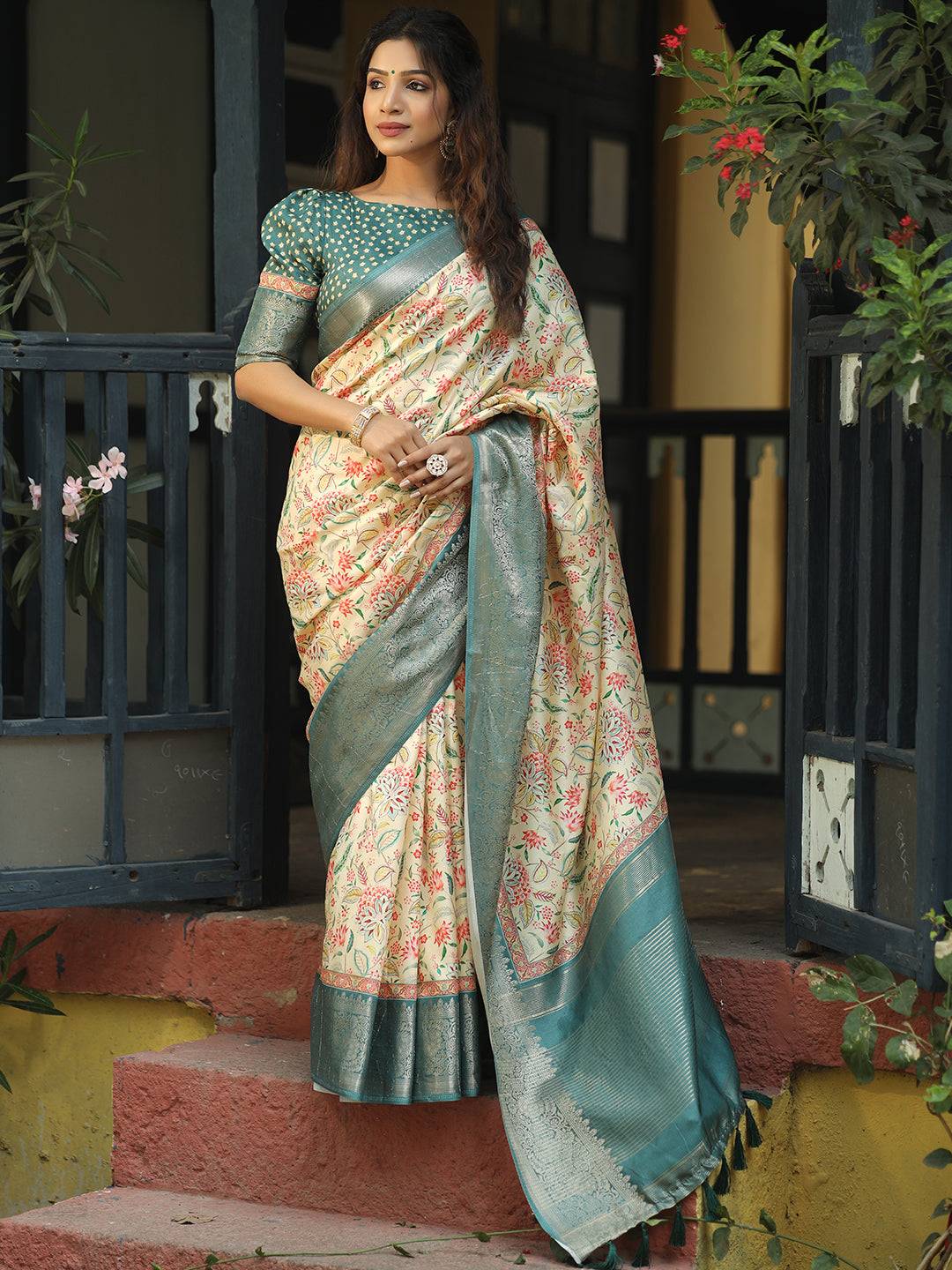 Cream Colour Phulkari Design Zari Weaving Pallu Saree - Luxe