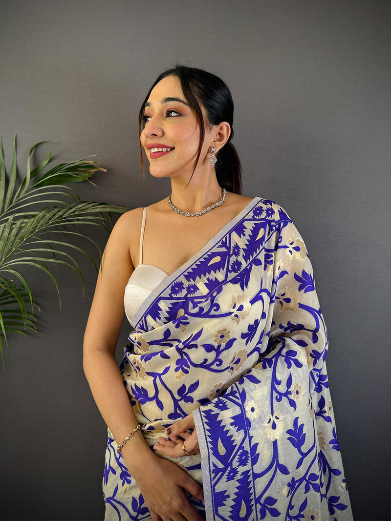 Cream Soft Cotton Silk Jamdani Saree