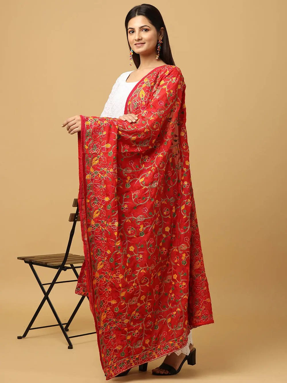 Red Scattered Multicolour Pashmina Dupatta