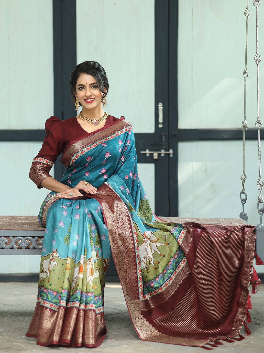 Pichwai Print Zari Weaving Pallu Saree In Blue Colour - Luxe