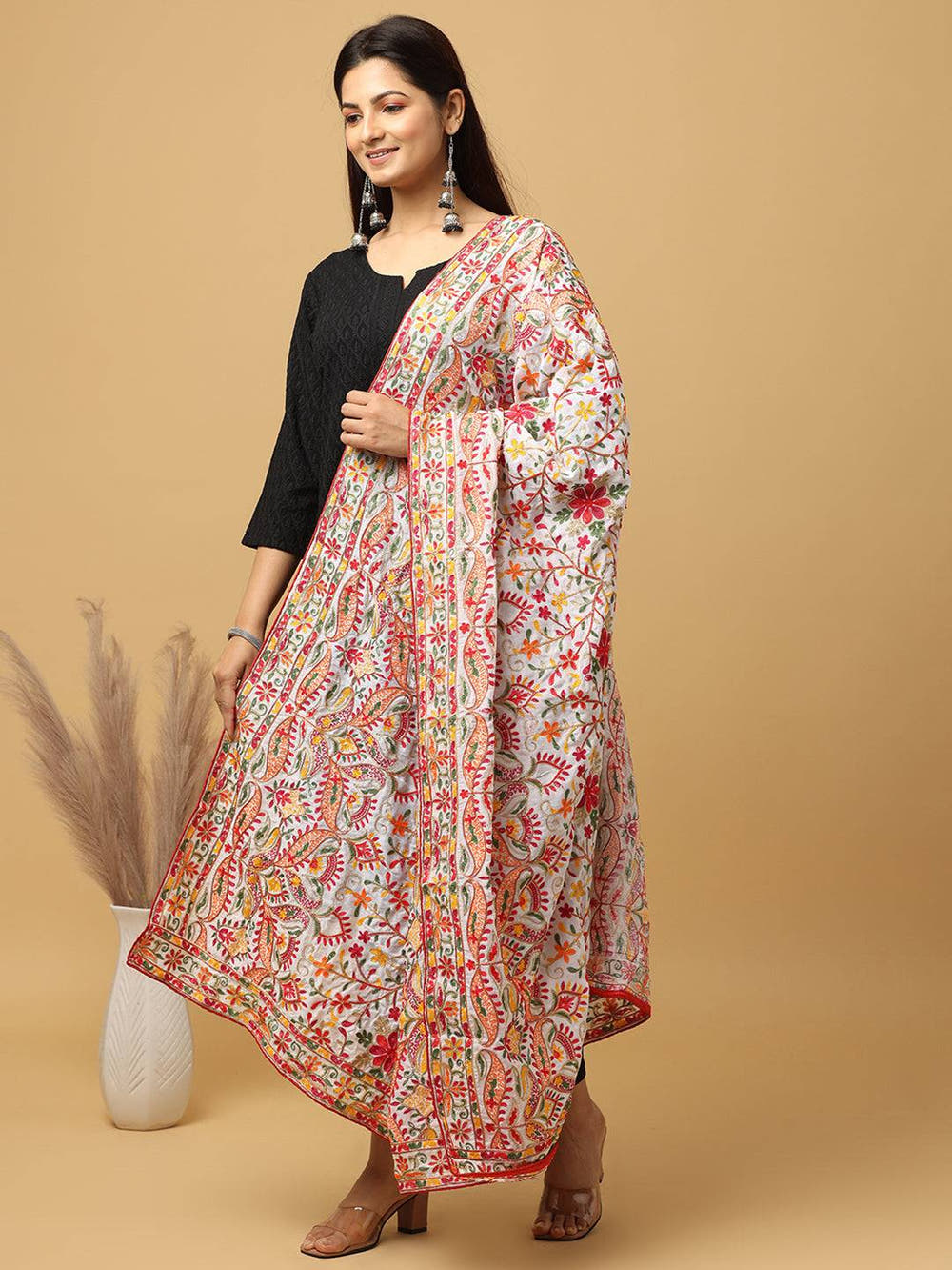 Ivory Multicolour Floral Pashmina Dupatta