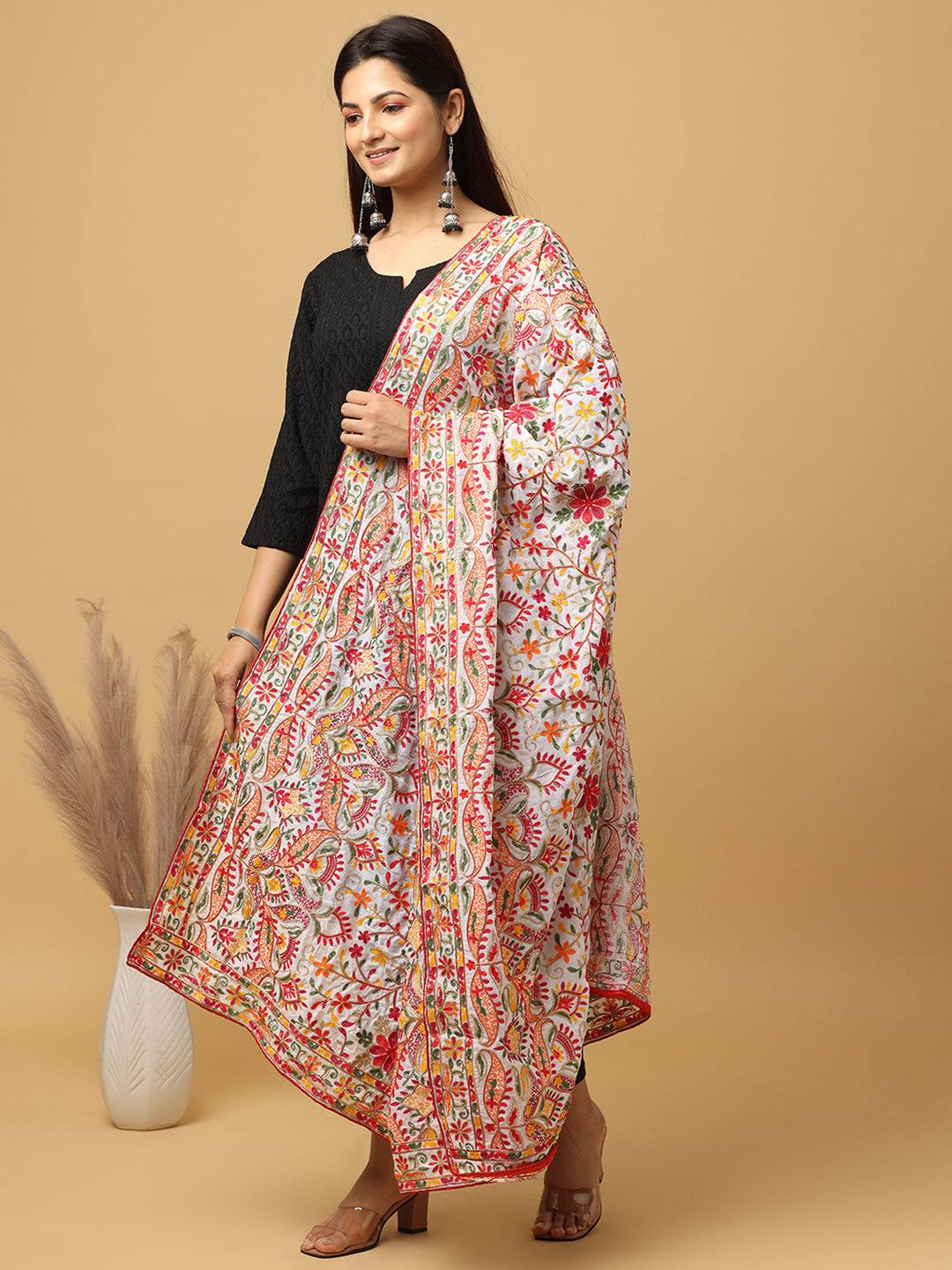 Ivory Multicolour Floral Pashmina Dupatta