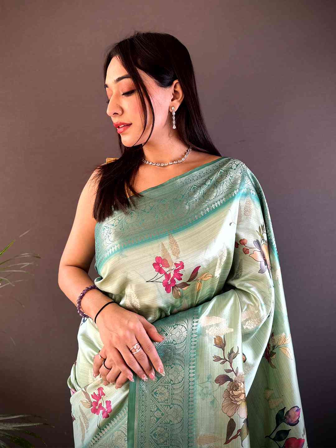 Mint Green Bamboo Silk Floral Saree