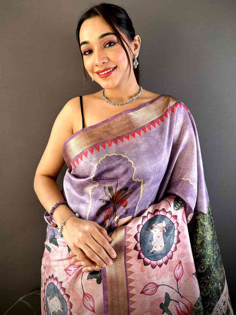 Lavender Soft Silk Tissue Pichwai Print Saree