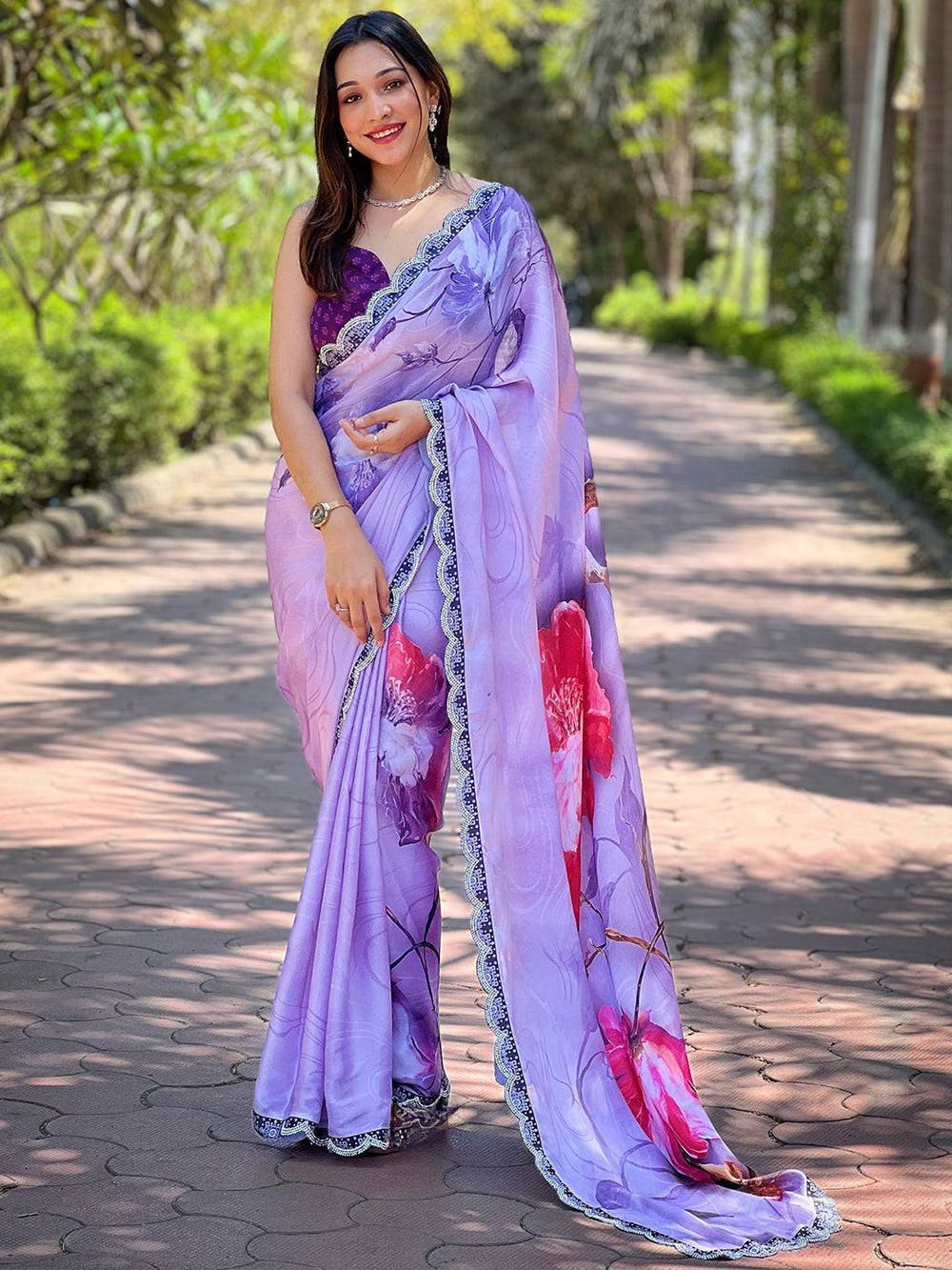 Purple Satin Georgette Floral Print Saree
