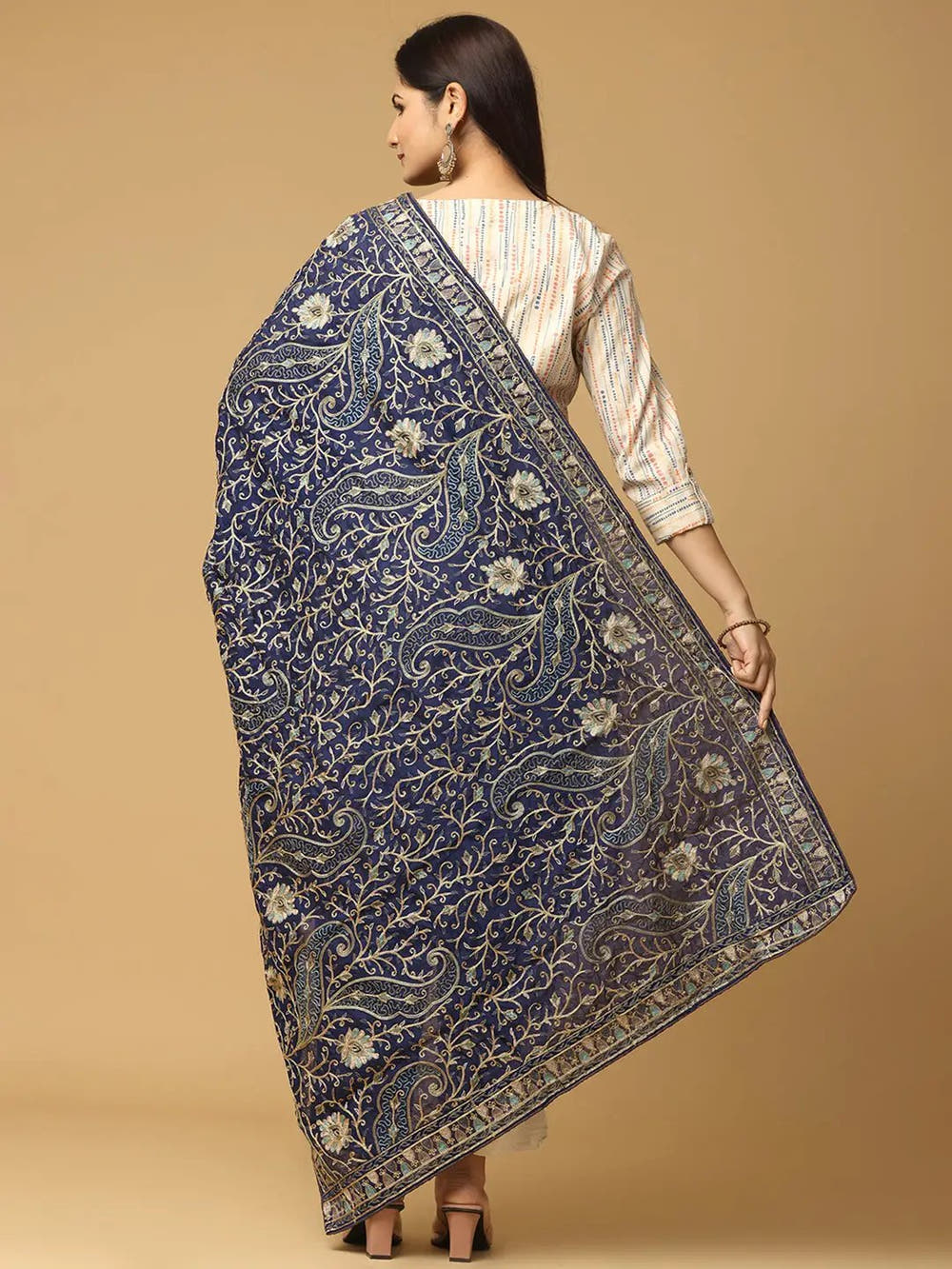 Navy Tonal Blue Paisley Pashmina Dupatta