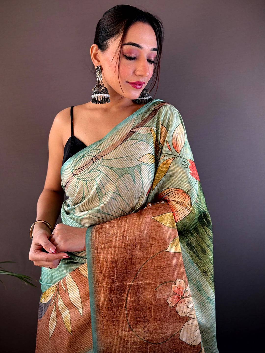 Rama Blue Zari Tussar Floral Saree