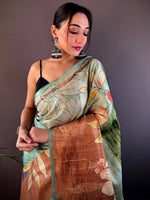 Rama Blue Zari Tussar Floral Saree