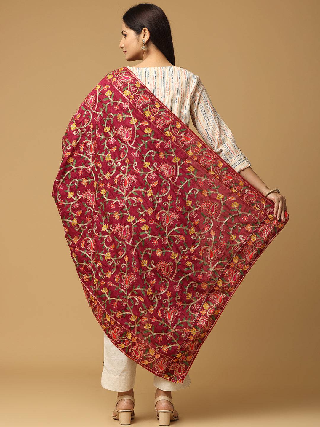 Wine Dense Floral Jaal Pashmina Dupatta