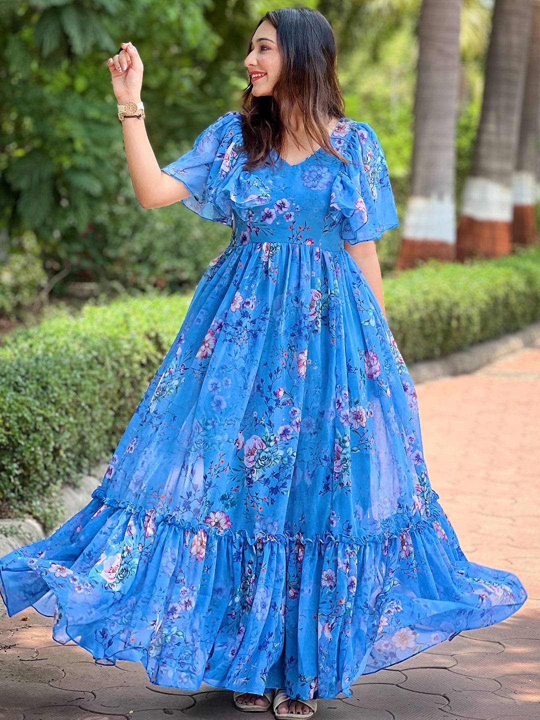 Orchid Blue Printed Flary Dress