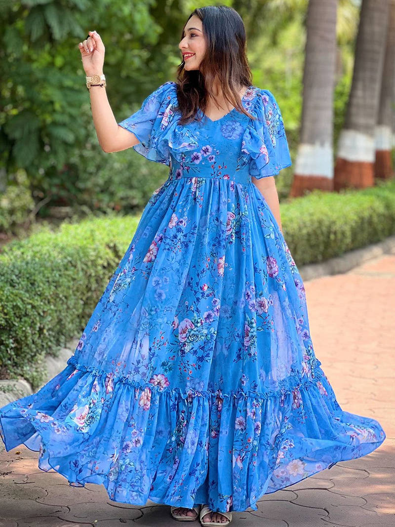 Orchid Blue Printed Flary Dress