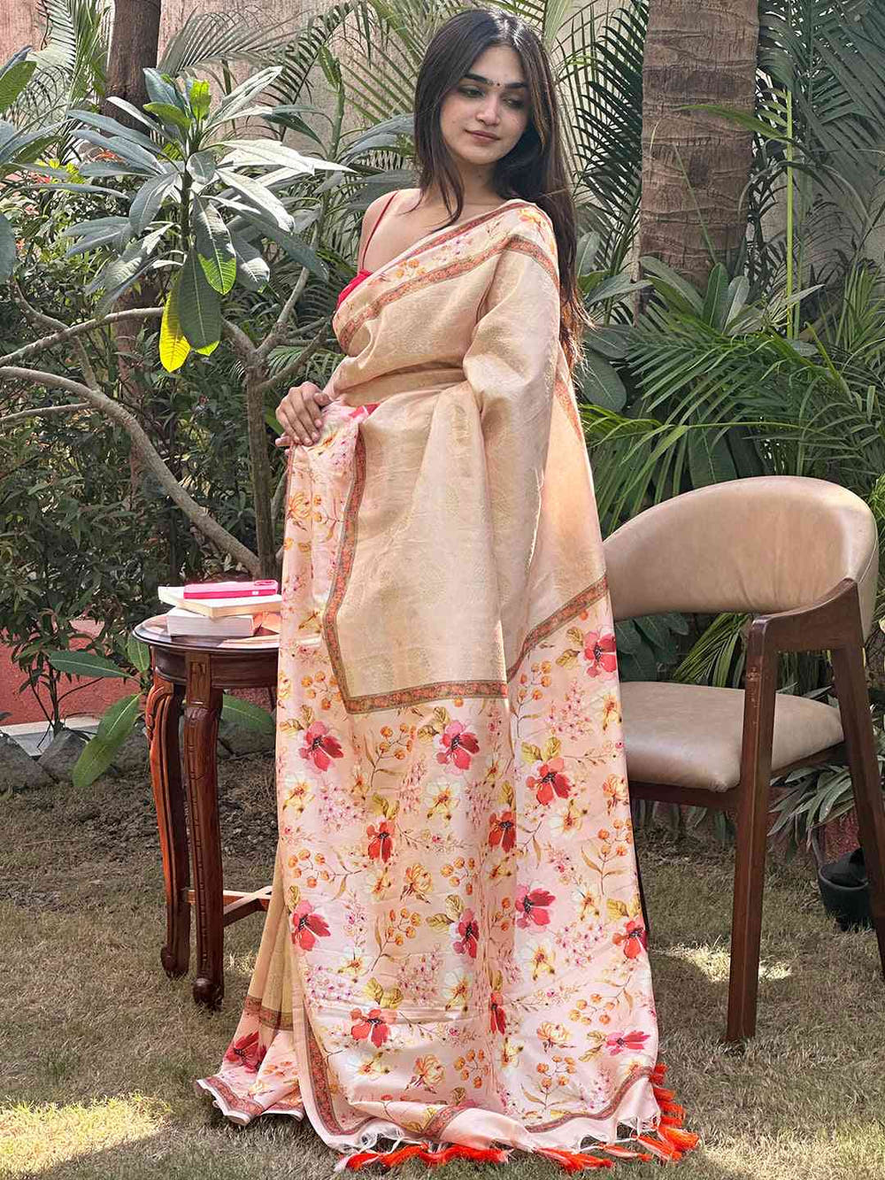Peach Banarasi Kanjivaram Floral Print Saree