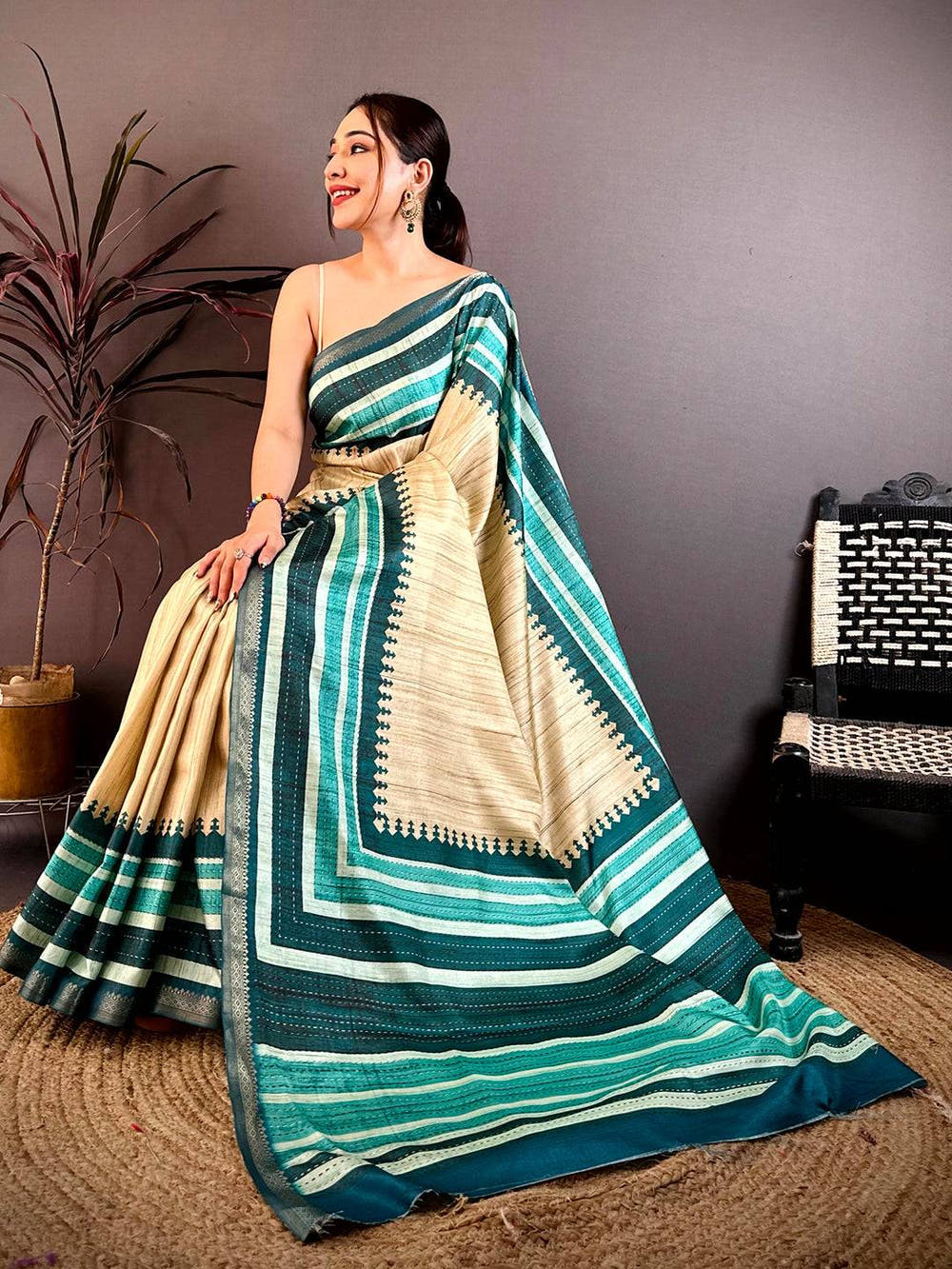 Elegant Soft Tussar Kantha Print Saree