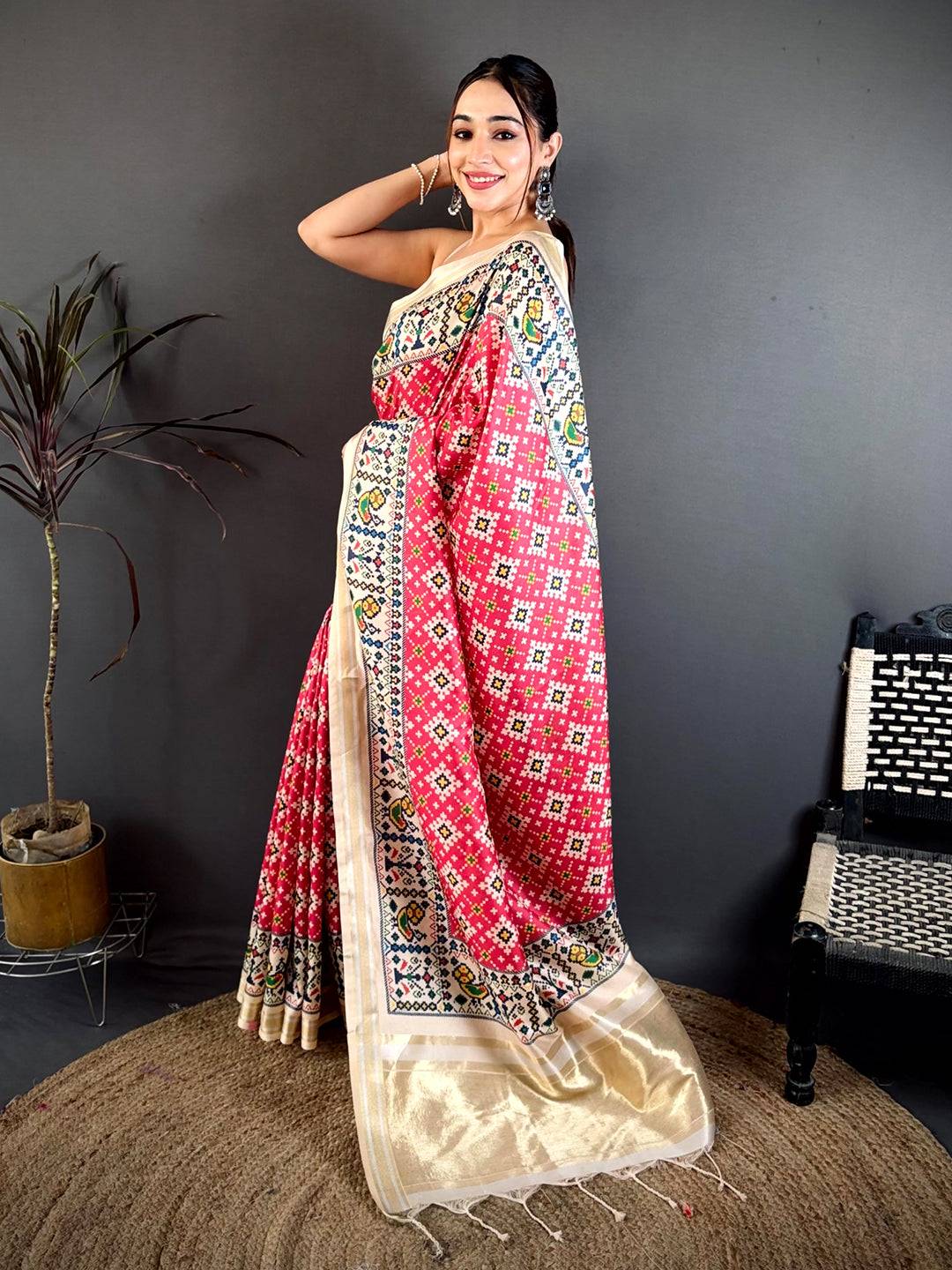 Pink Red Allover Patola Kanchi Saree