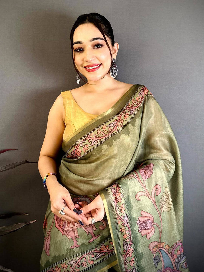 Olive Vintage Pen Kalamkari Chanderi Saree