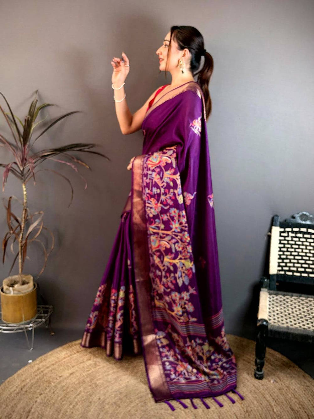 Dark Purple Shade Printed Dola Silk Saree