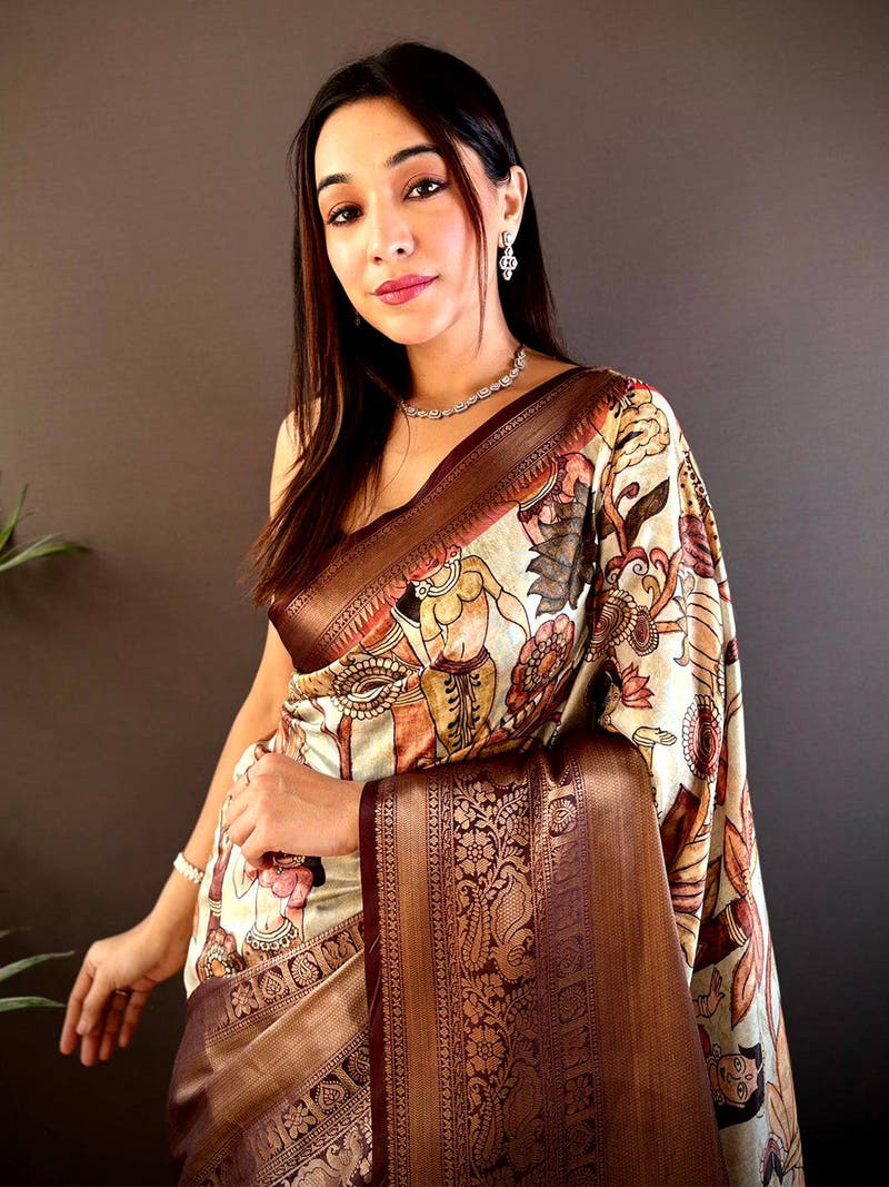 Regal Brown Soft Silk Saree With Pattu Zari Border