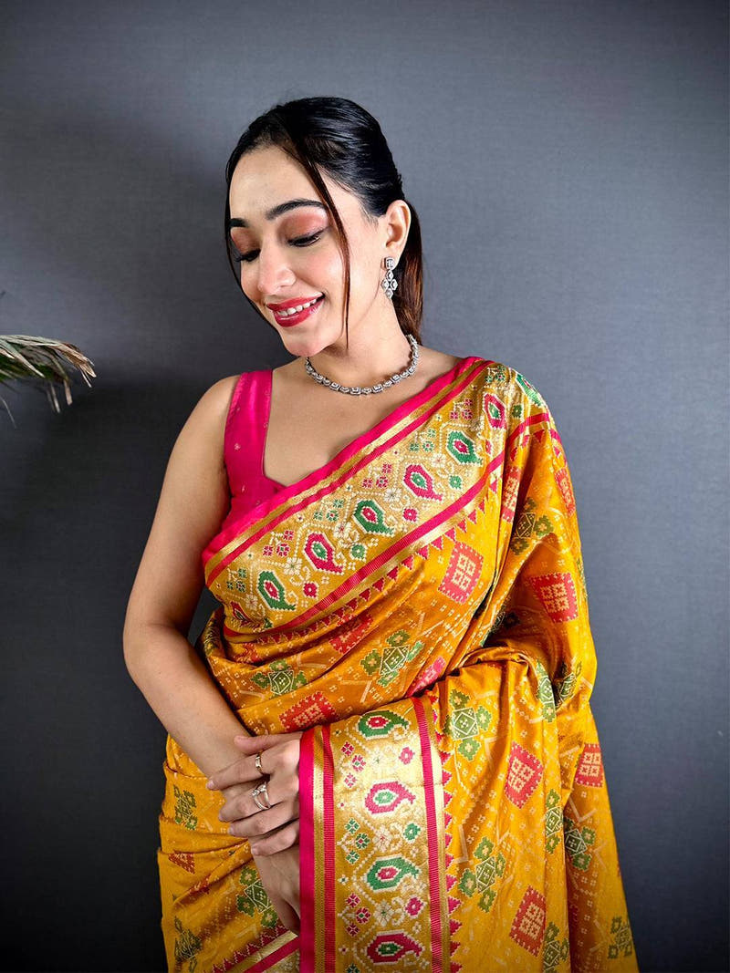 Yellow Soft Silk Saree With Patola Weaving