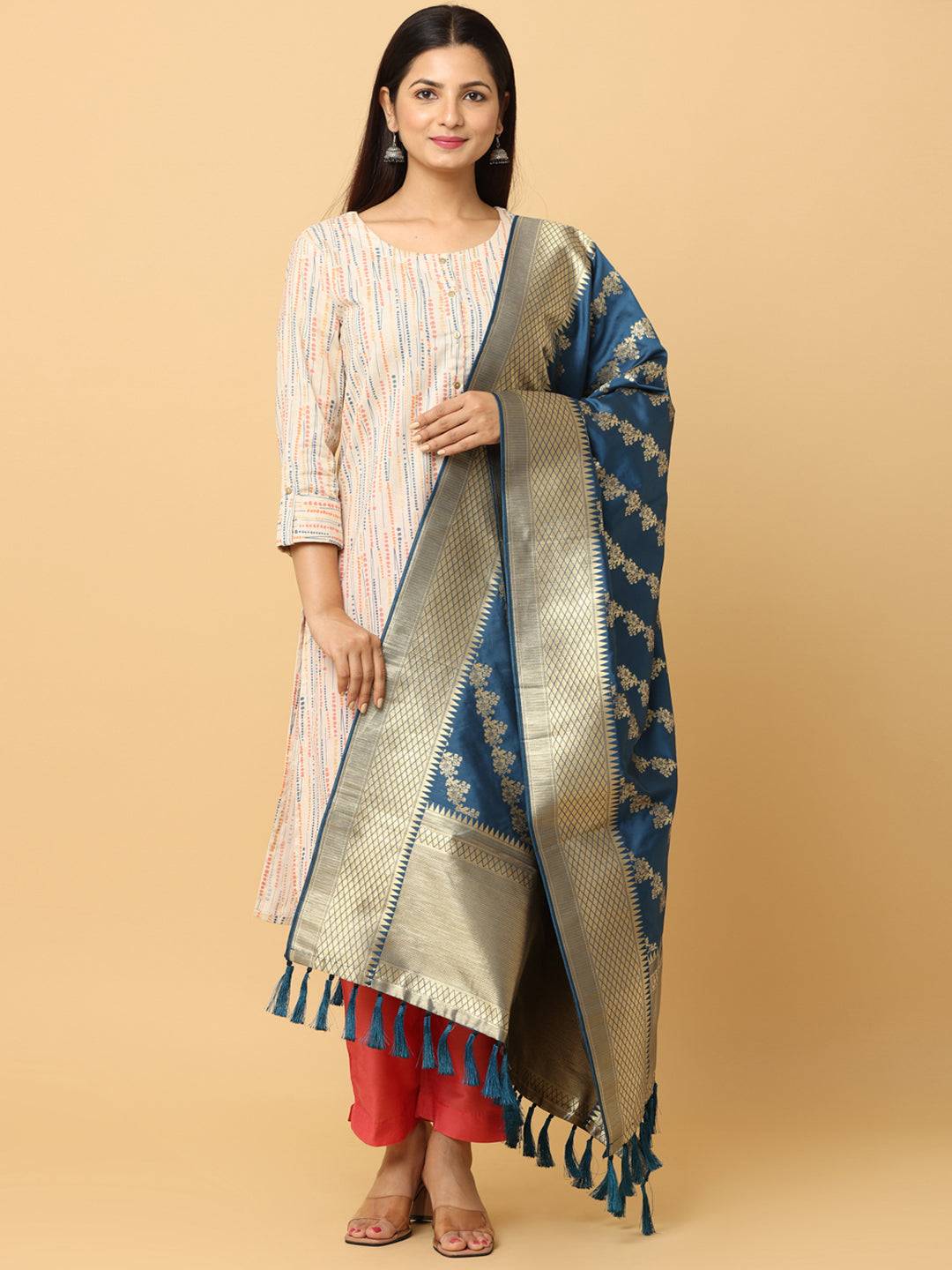 Teal Colour Woven Design Dupatta
