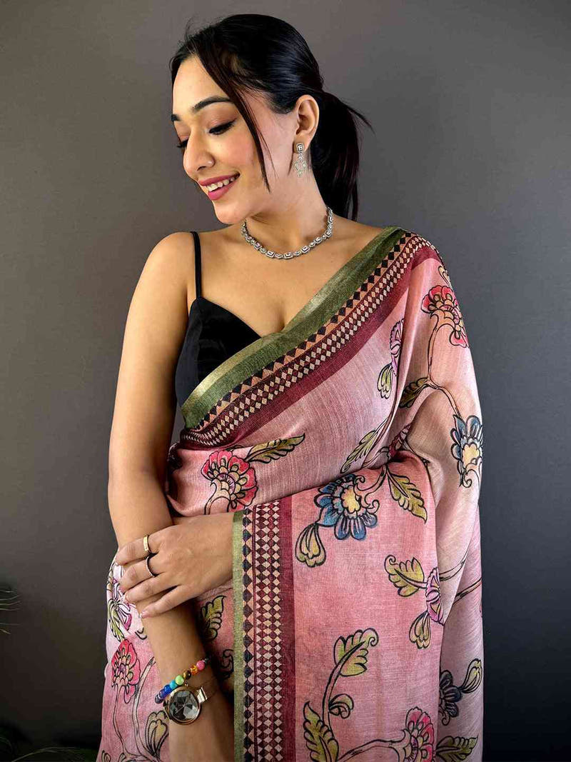Rose Pink Zari Tussar Floral Saree