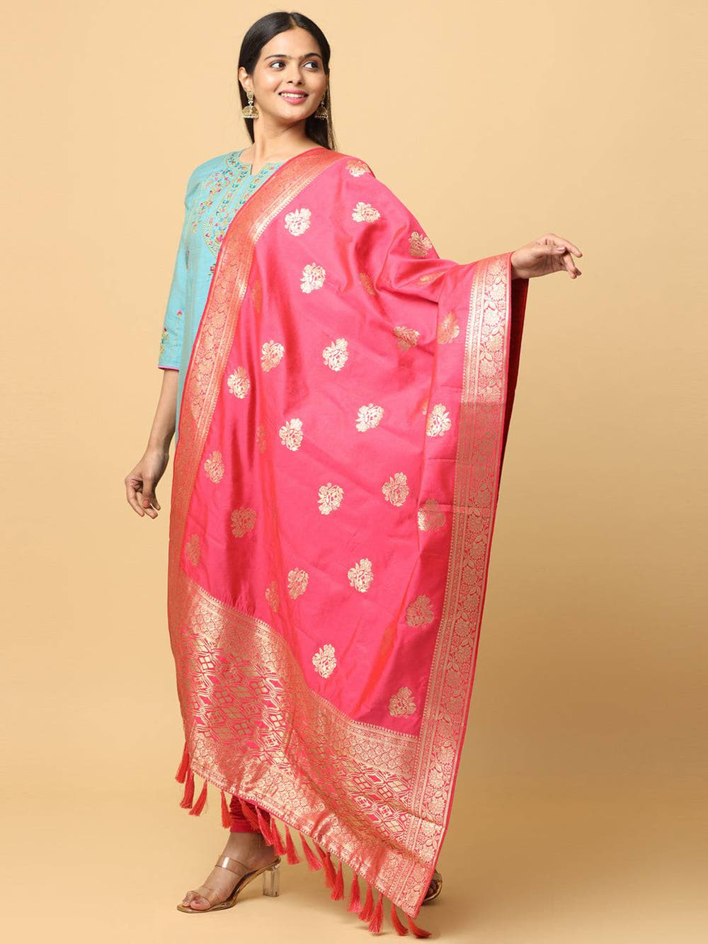 Pink Silk Blend Woven Design Dupatta