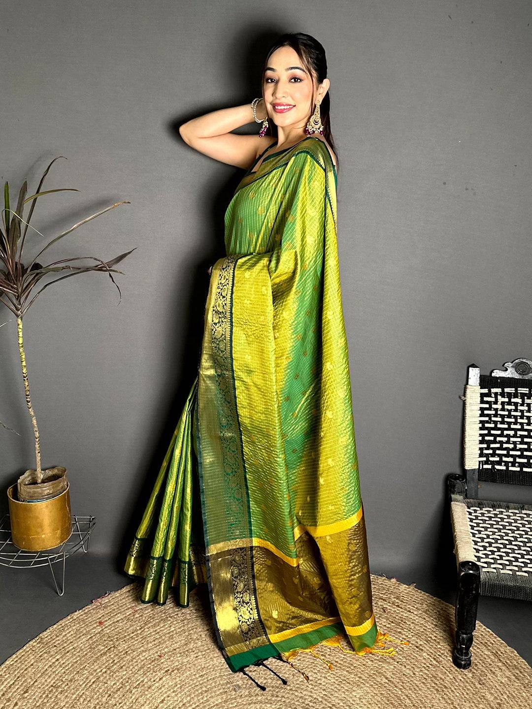 Stylish Self Gold Zari Chex Chitpallu Saree