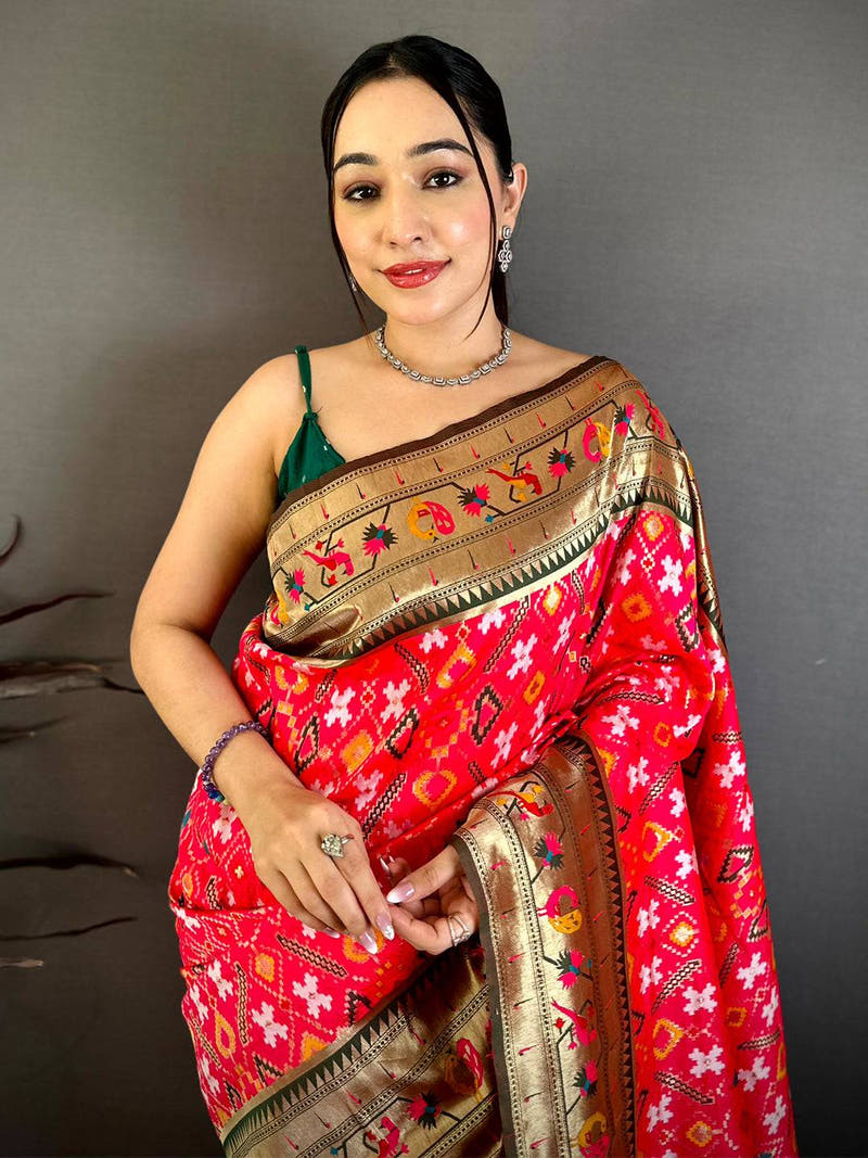 Rani Pink Patola Silk Zari Weaving Saree