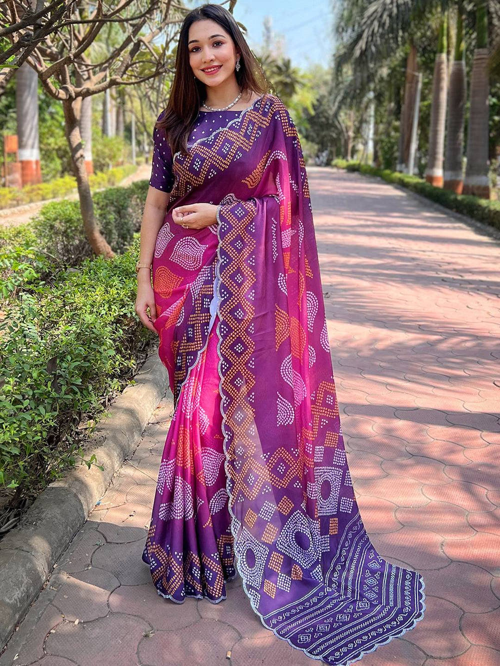 Magenta Ombre Bandhej Georgette Silk Saree