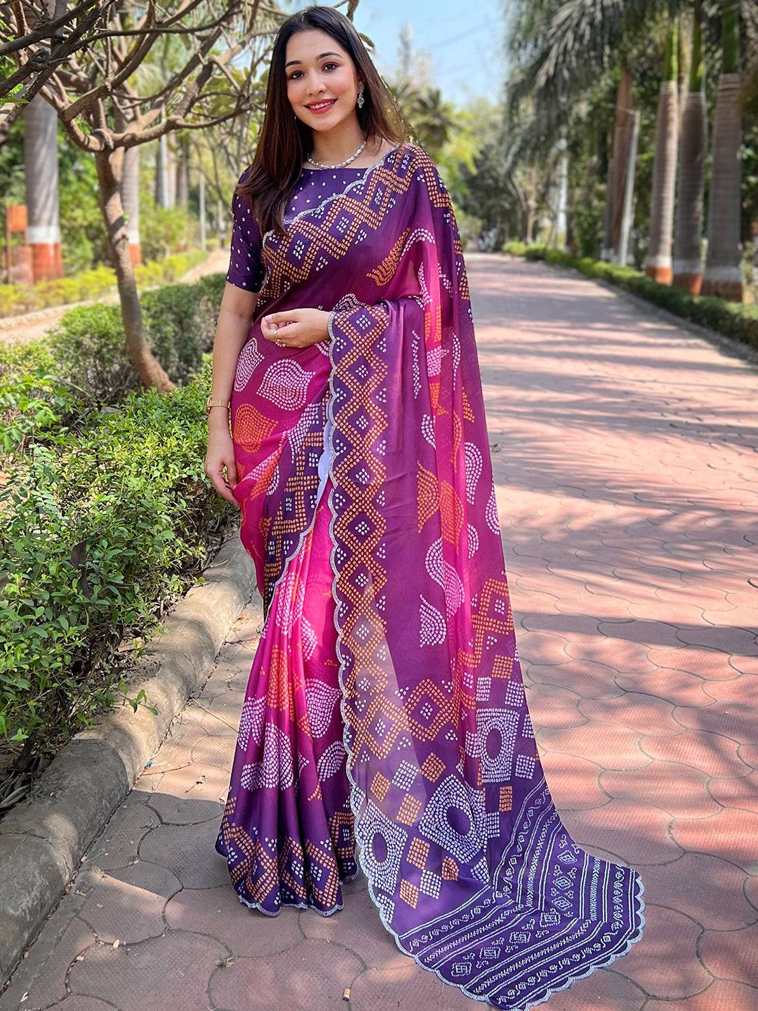 Magenta Ombre Bandhej Georgette Silk Saree
