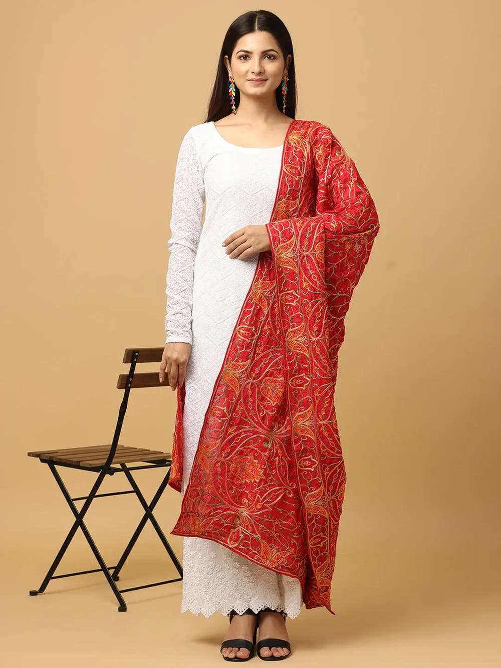 Red Fine Orange Floral Pashmina Dupatta