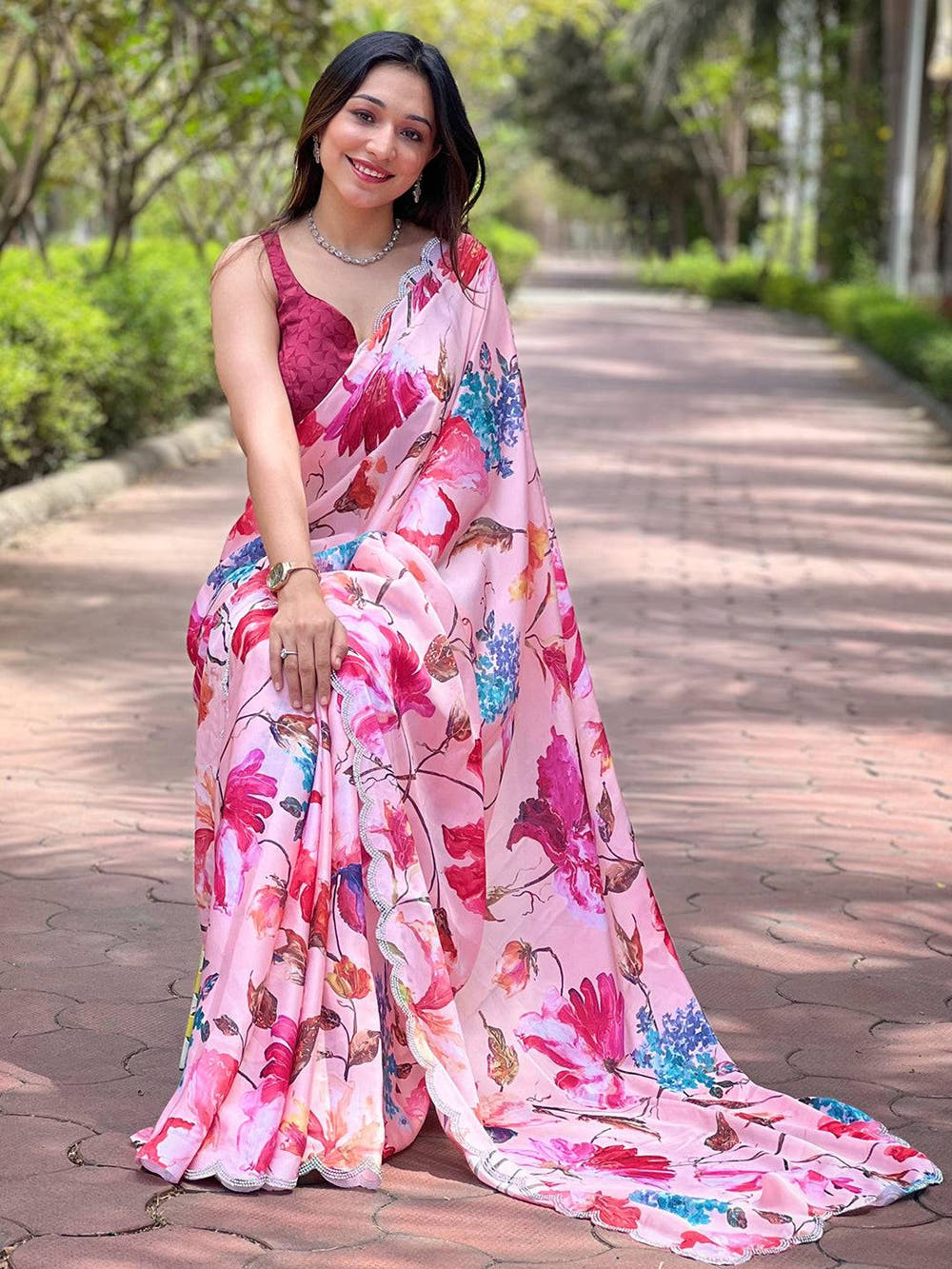 Peach Satin Georgette Floral Print Saree