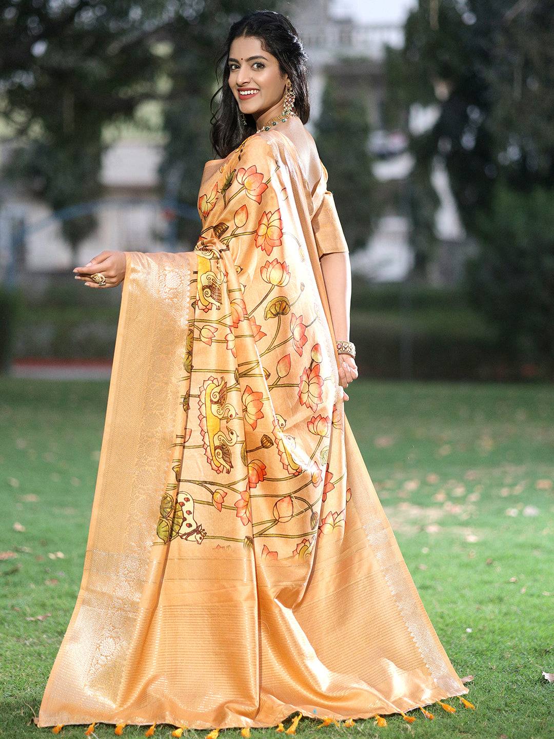 Peach Pure Viscose Dola Silk Saree With Pichwai And Mughal Print - Luxe