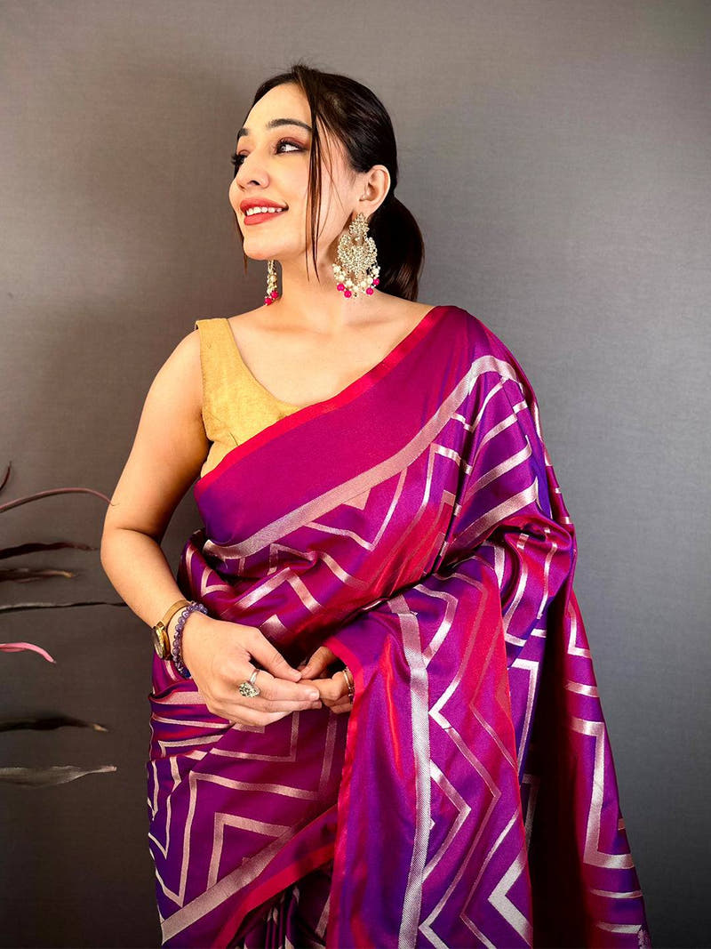 Rani Pink Geometric Zari Weave Banarasi Saree