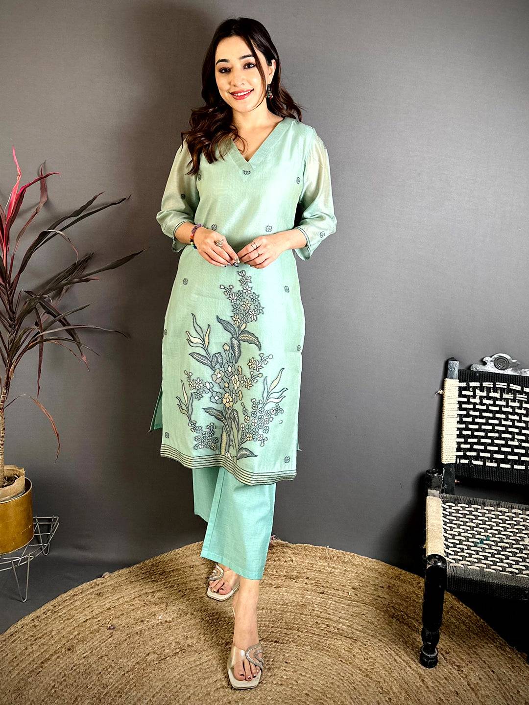 Sage  Green  Floral  Weave  Dress