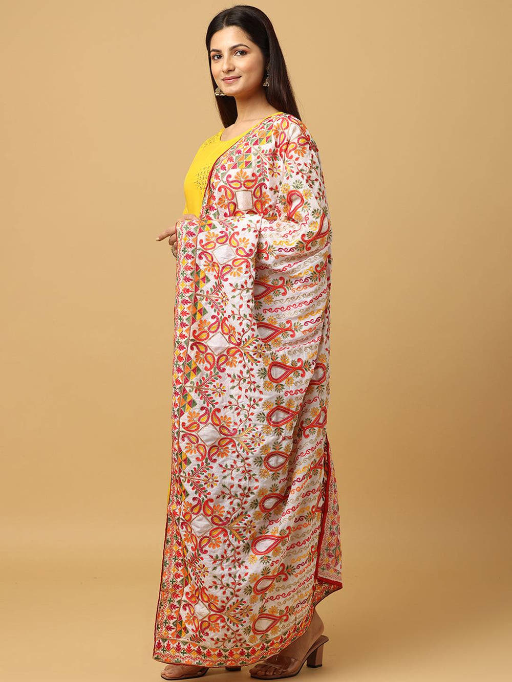 Ivory Orange Paisley Pashmina Dupatta