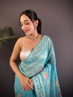 Sky Blue Lakhnavi Linen Digital Print Saree