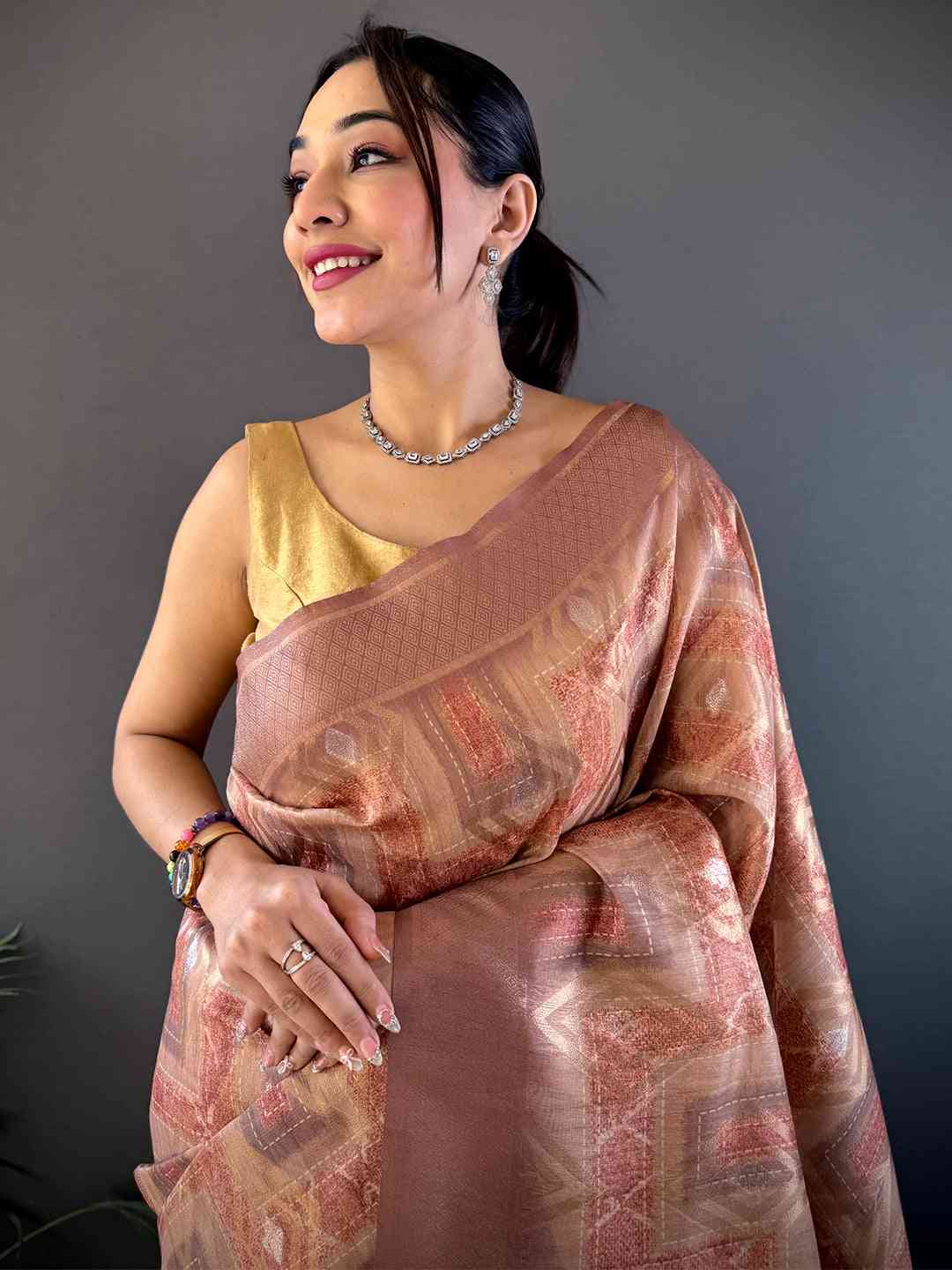 Brown Banarasi Silk Katan Geometric Saree