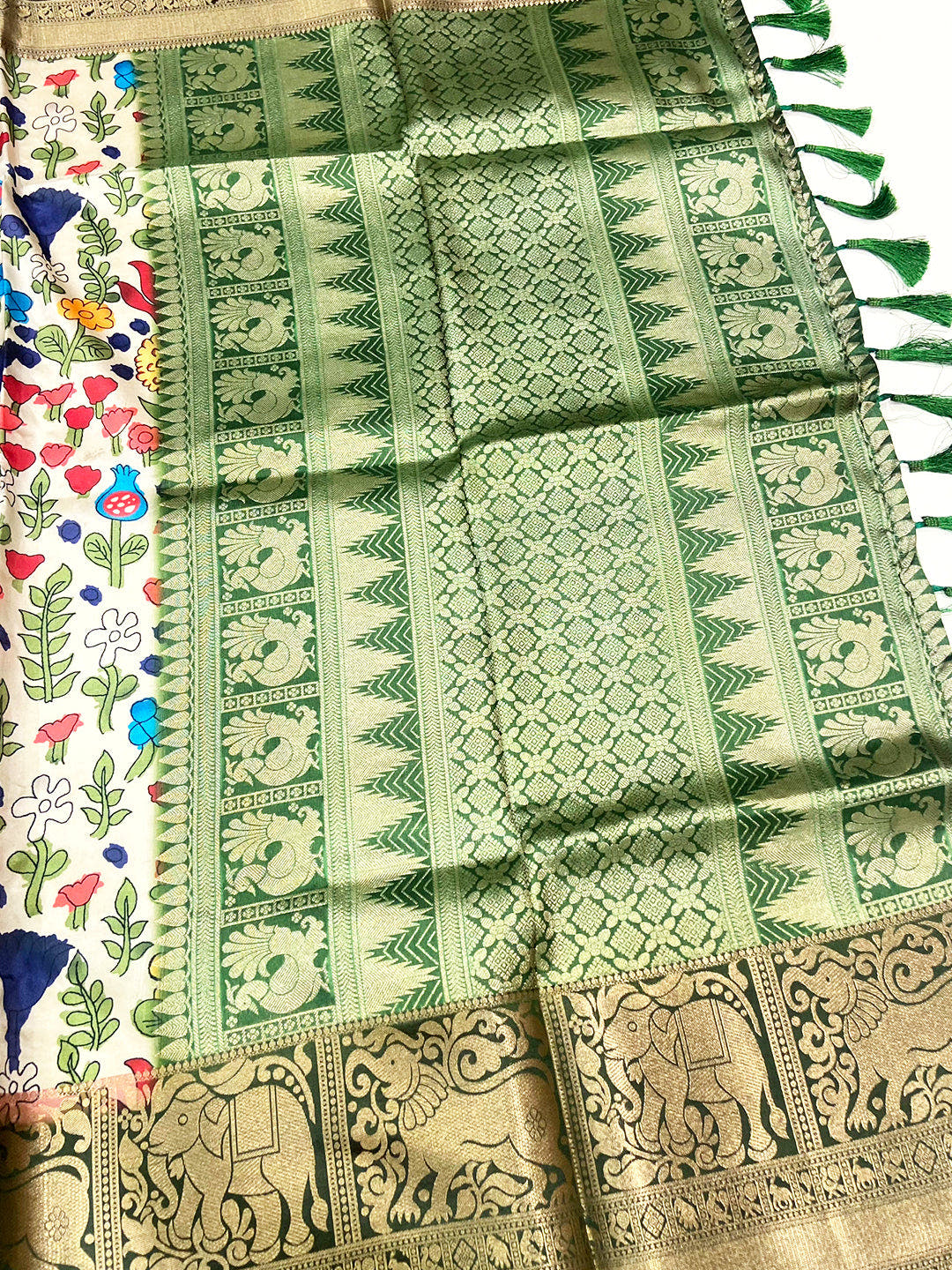 Green Floral Printed Banarasi Saree