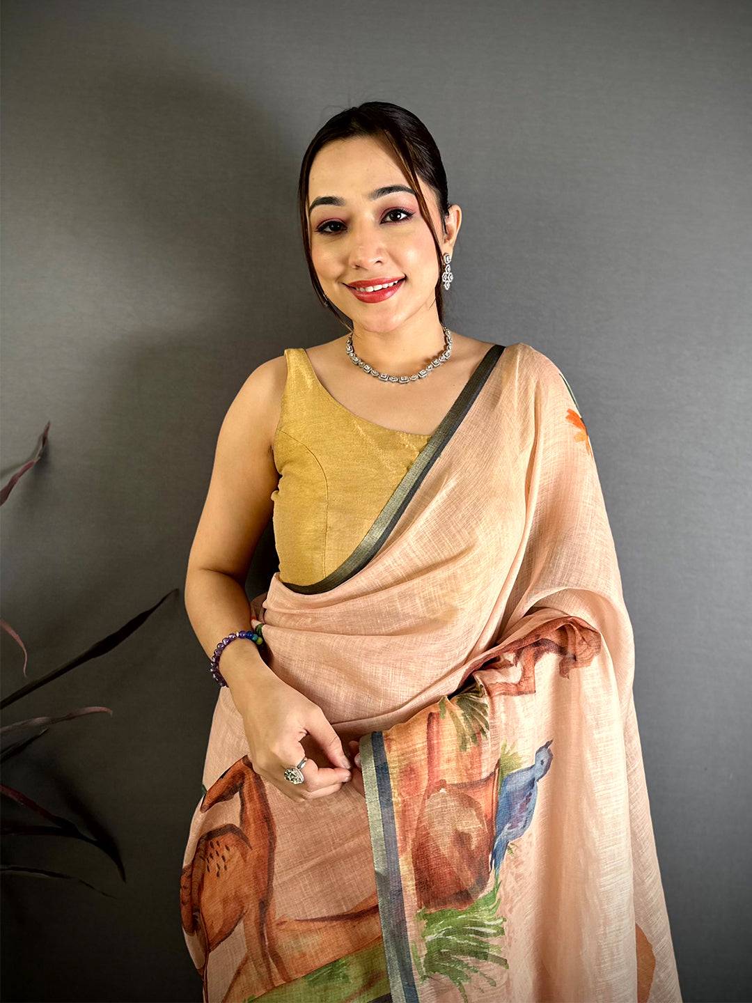 Peach Animal Print Linen Chanderi Saree