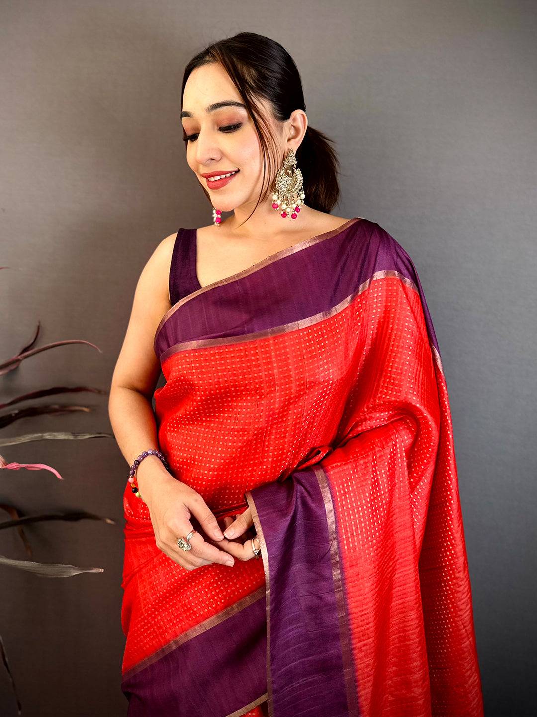 Deep Red Tussar Gold Zari 1000 Butti Saree
