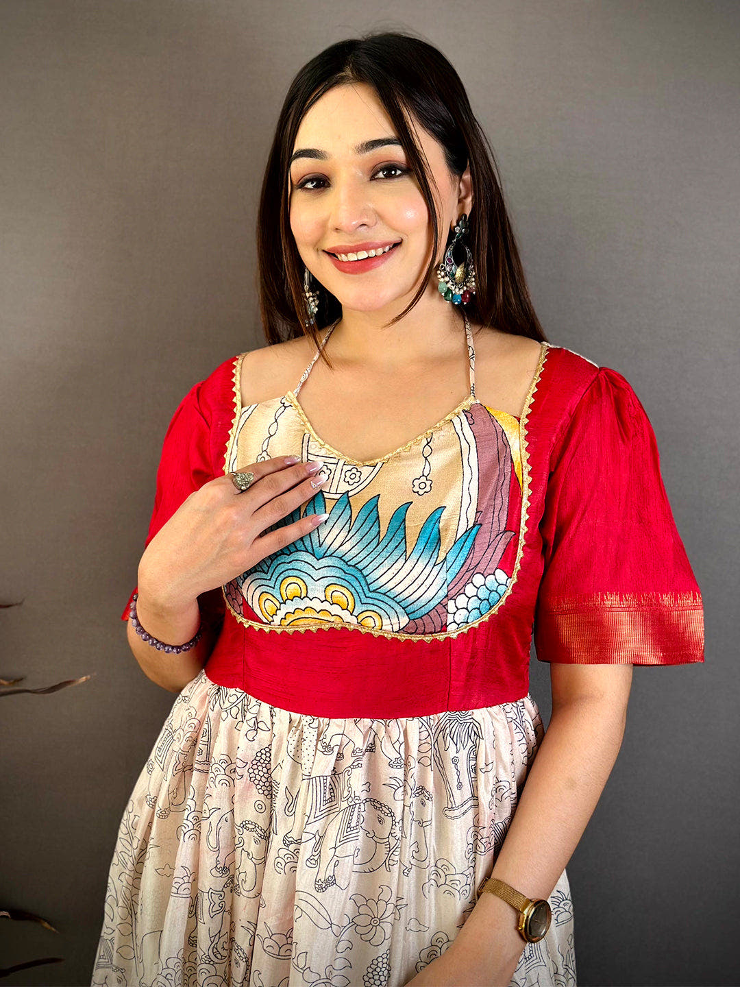 Elegant V Neck Strap Kota Doriya Dress