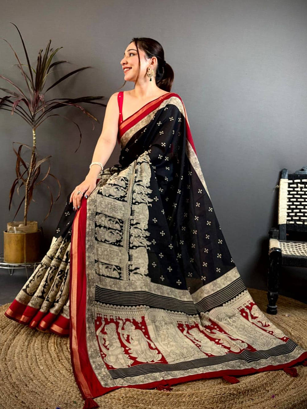 Black Mul Cotton Kalamkari Block Print Saree