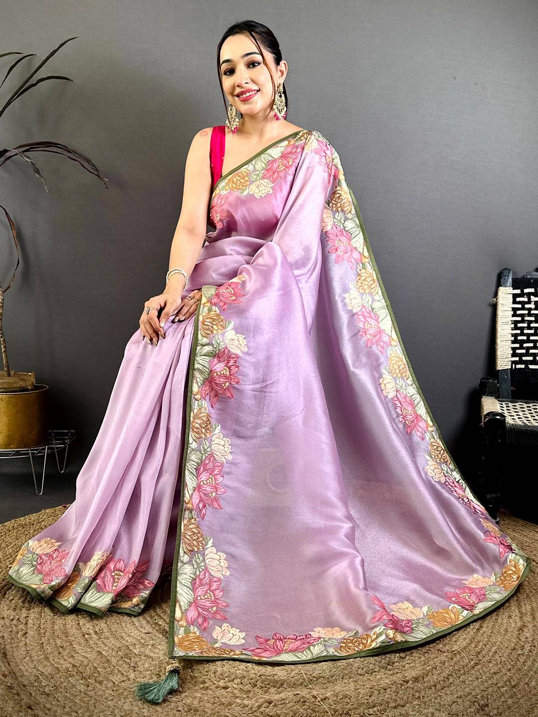 Purple Silky Tissue Resham Border Saree